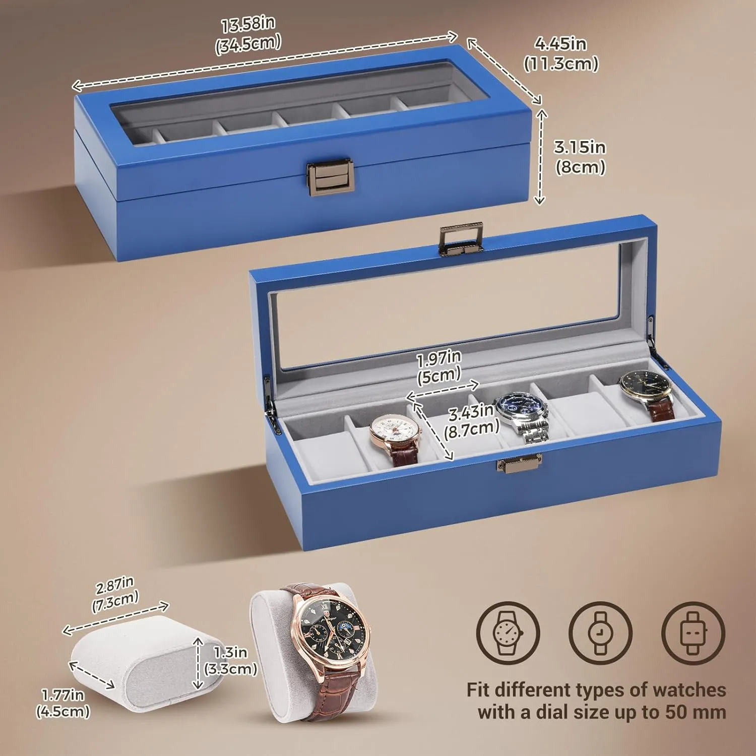 ProCase Wooden Watch Box for Men - 6 Slot Display Case Organizer With Glass Lid, Wood Storage Holder for Men's Watches - Royalblue