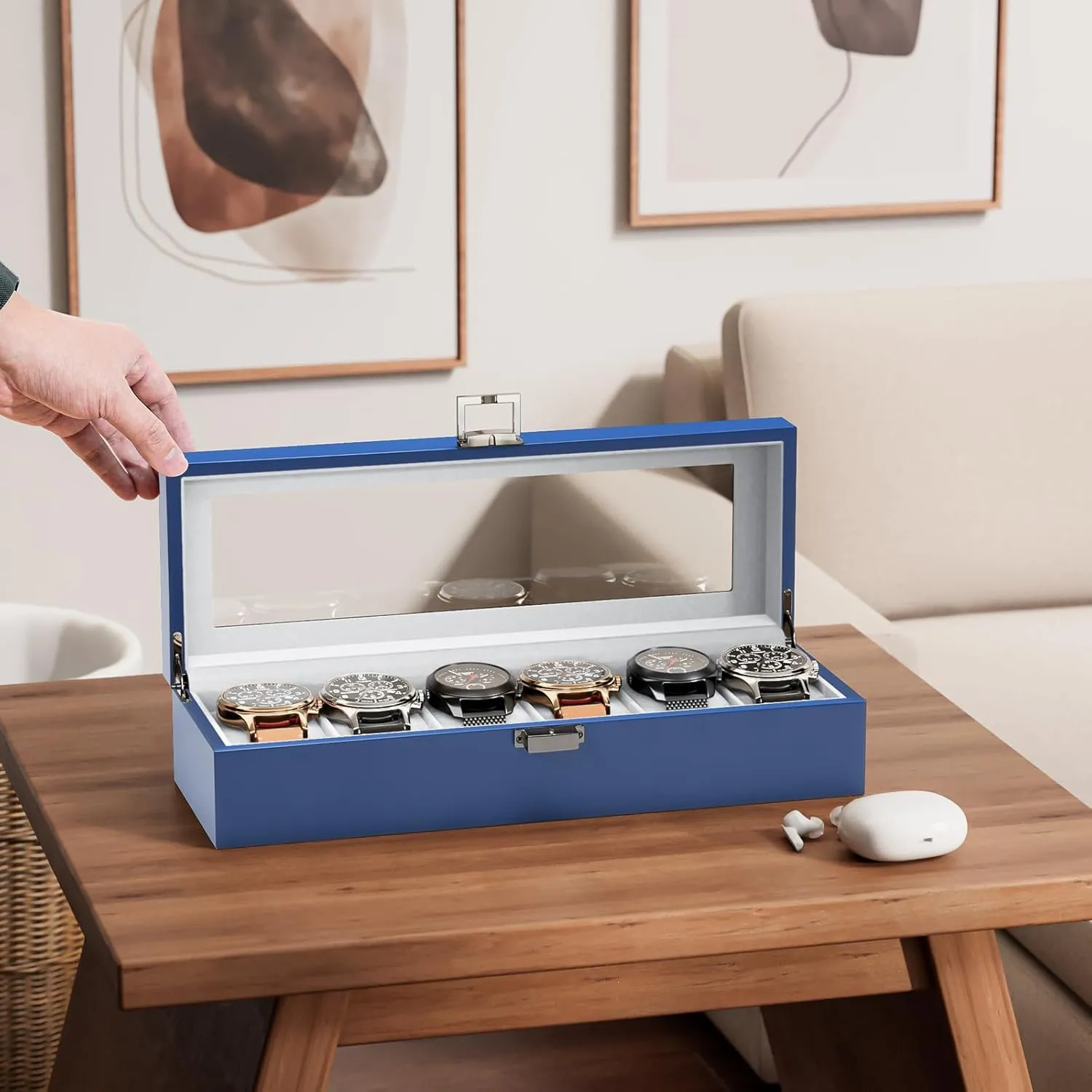 ProCase Wooden Watch Box for Men - 6 Slot Display Case Organizer With Glass Lid, Wood Storage Holder for Men's Watches - Royalblue
