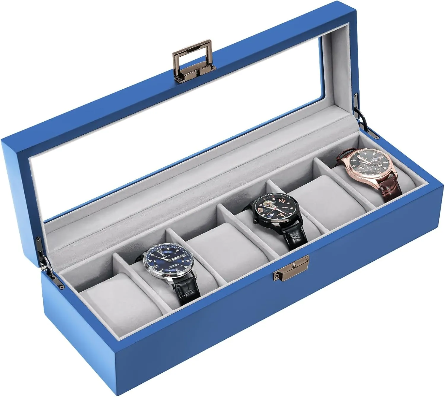 ProCase Wooden Watch Box for Men - 6 Slot Display Case Organizer With Glass Lid, Wood Storage Holder for Men's Watches - Royalblue