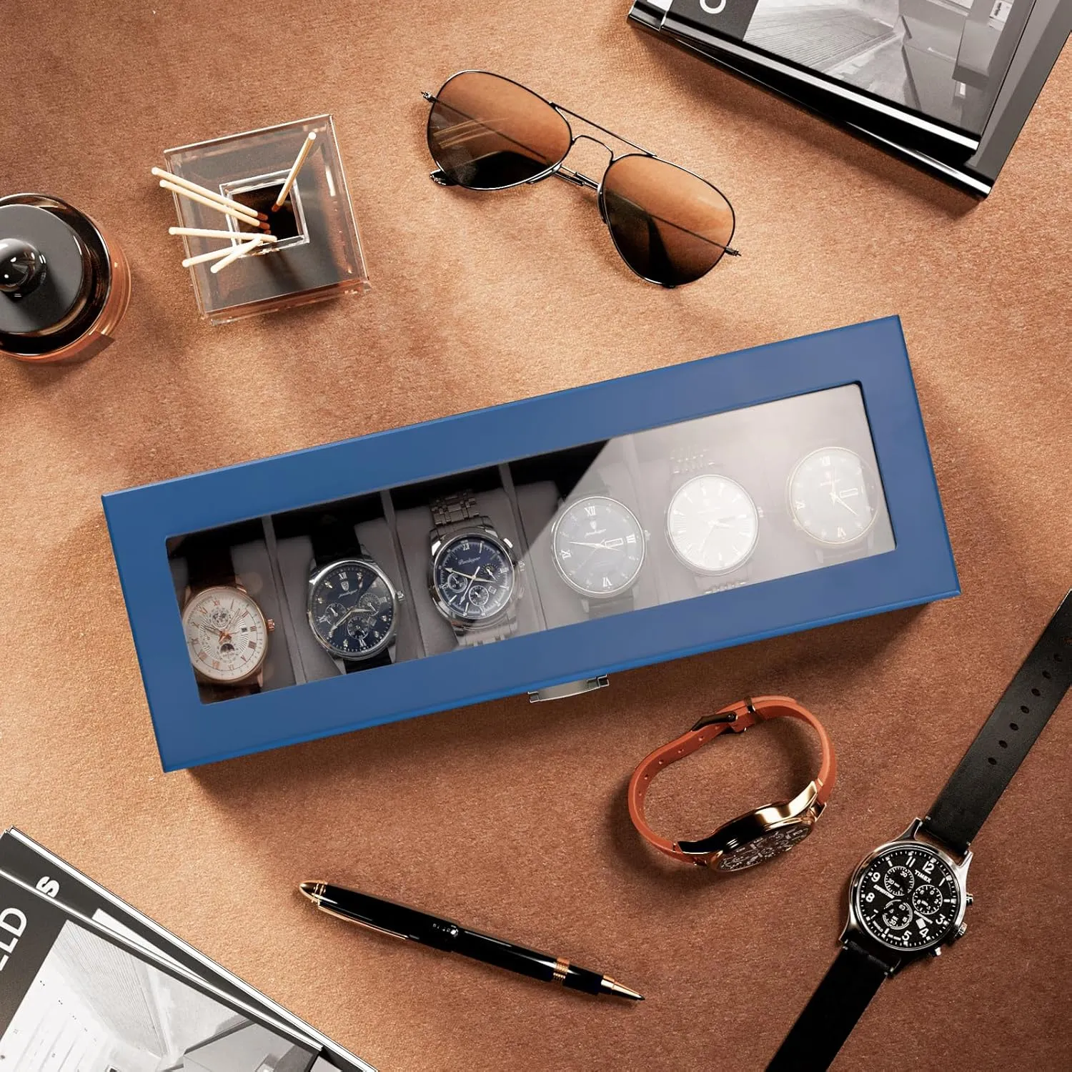ProCase Wooden Watch Box for Men - 6 Slot Display Case Organizer With Glass Lid, Wood Storage Holder for Men's Watches - Royalblue