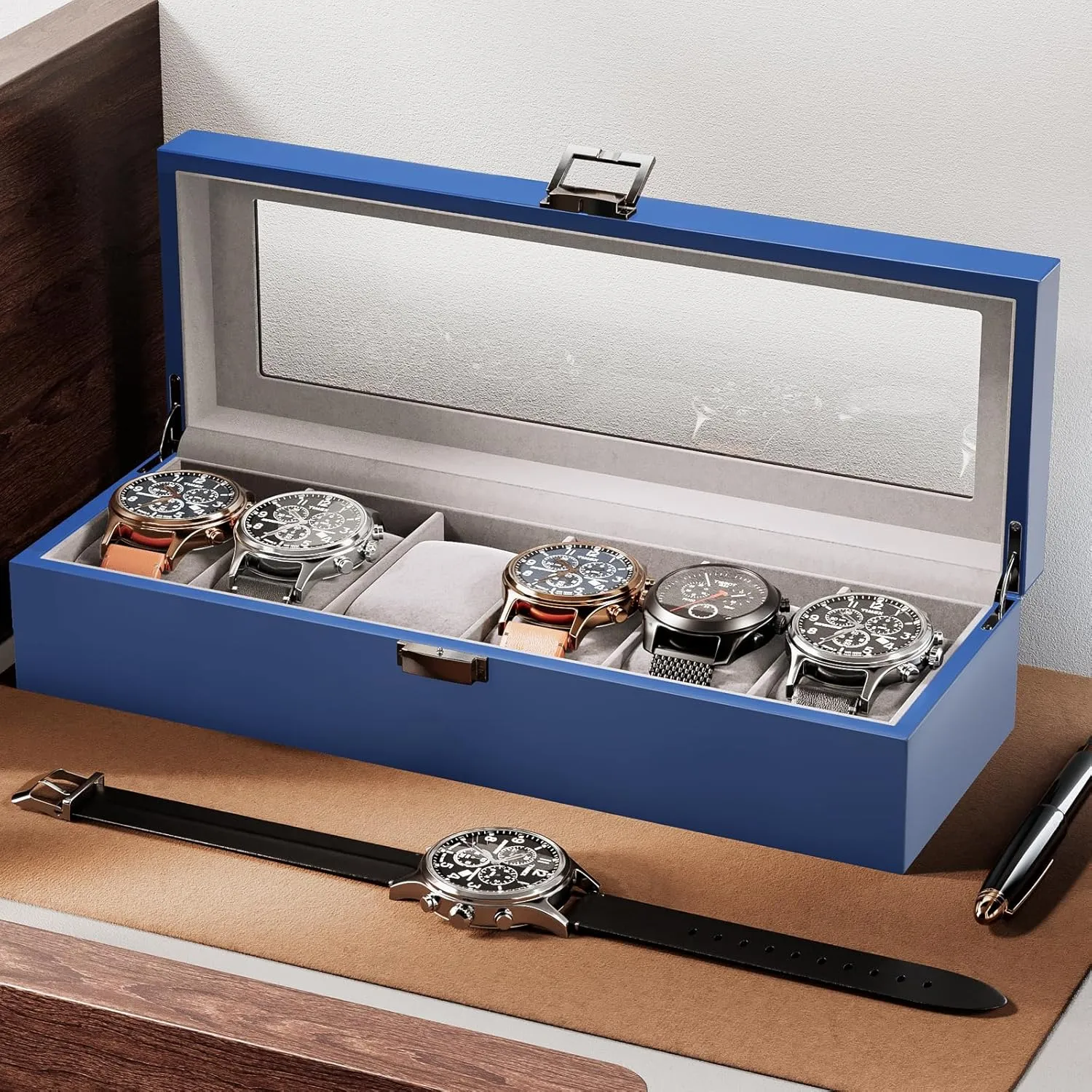 ProCase Wooden Watch Box for Men - 6 Slot Display Case Organizer With Glass Lid, Wood Storage Holder for Men's Watches - Royalblue