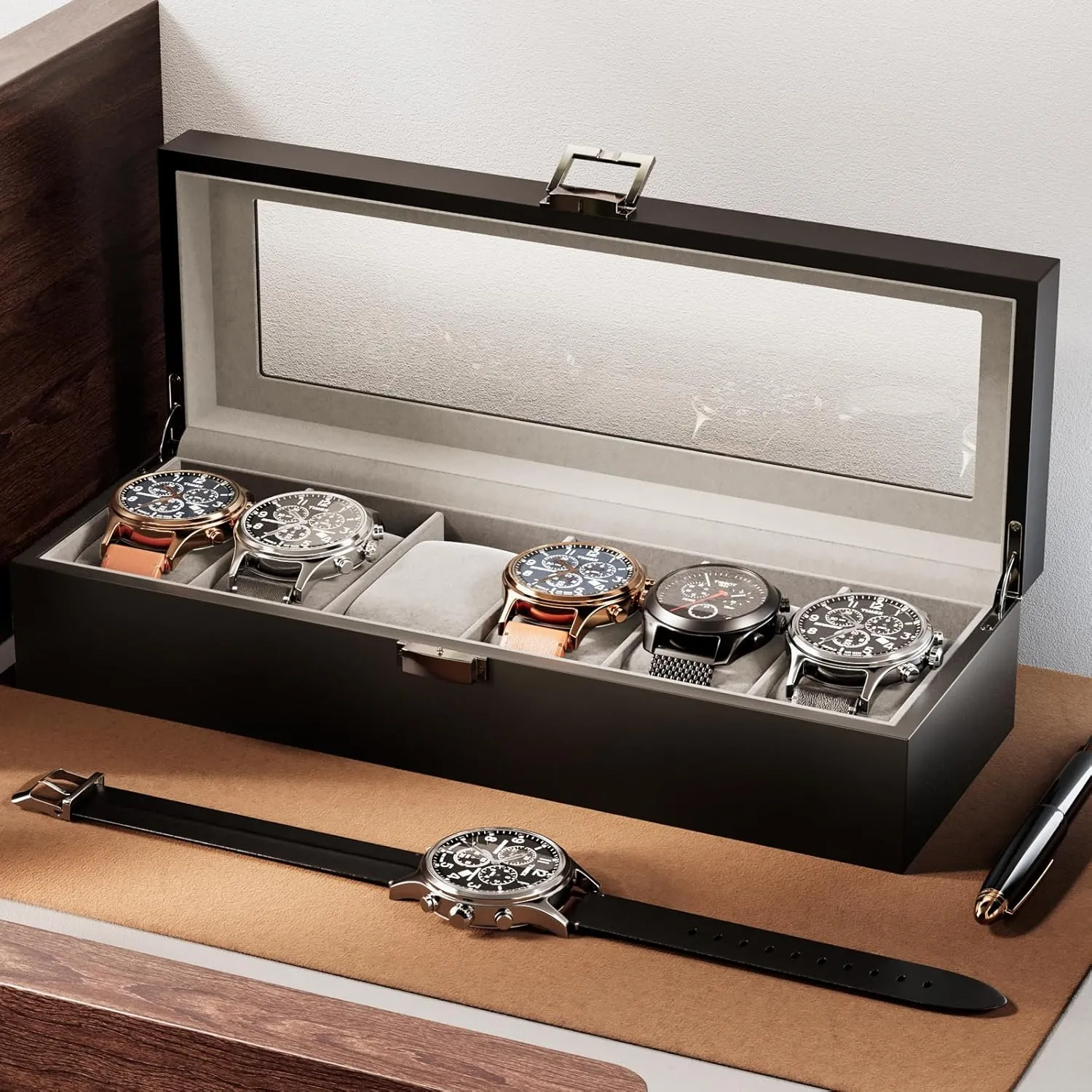 ProCase Wooden Watch Box for Men, 6 Slot Watch Display Case Mens Watch Box Organizer, Wood Watch Case for Men Watch Storage, Father's Day Gift Watch Holder Organizer with Glass Lid -MatteBlack