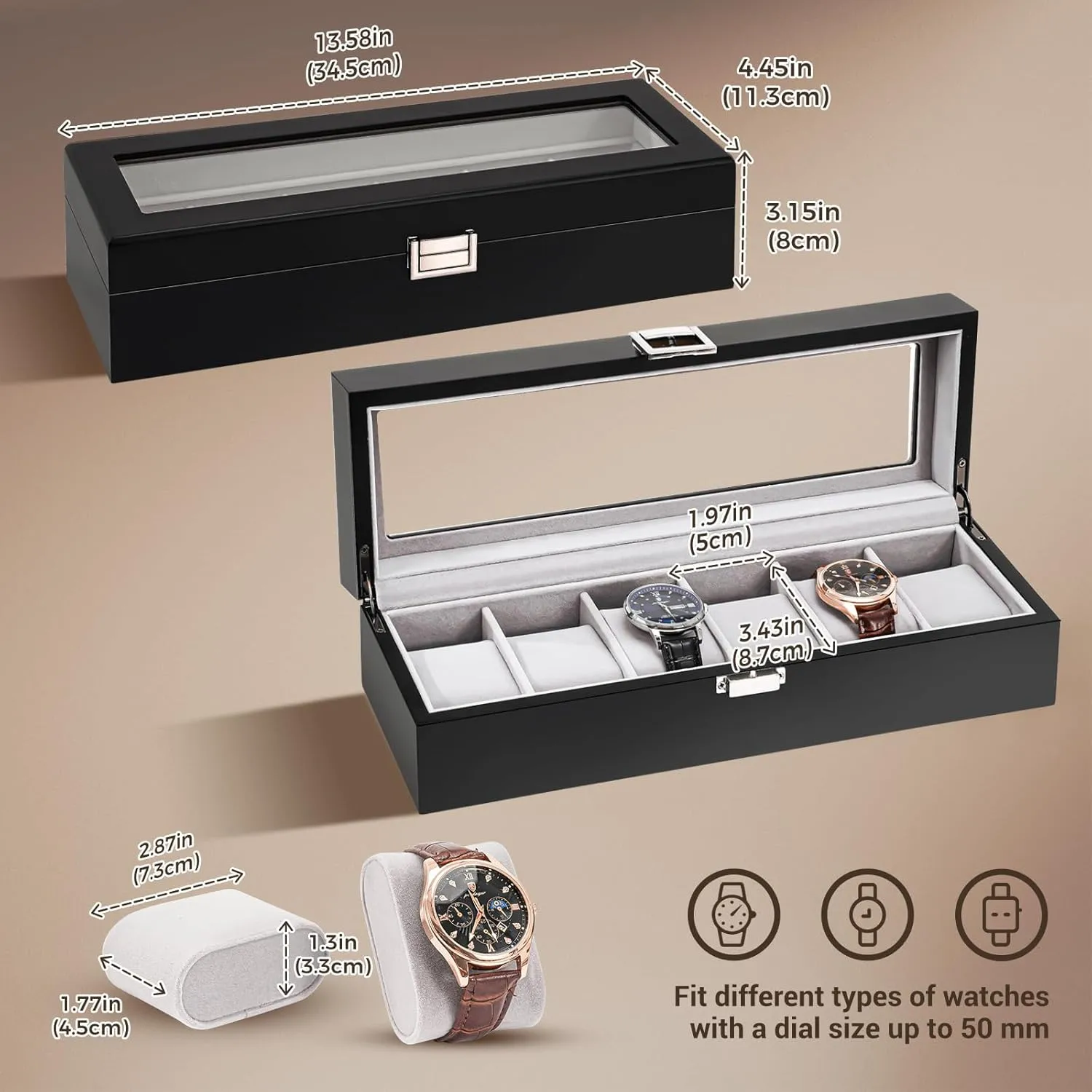 ProCase Wooden Watch Box for Men, 6 Slot Watch Display Case Mens Watch Box Organizer, Wood Watch Case for Men Watch Storage, Father's Day Gift Watch Holder Organizer with Glass Lid -MatteBlack