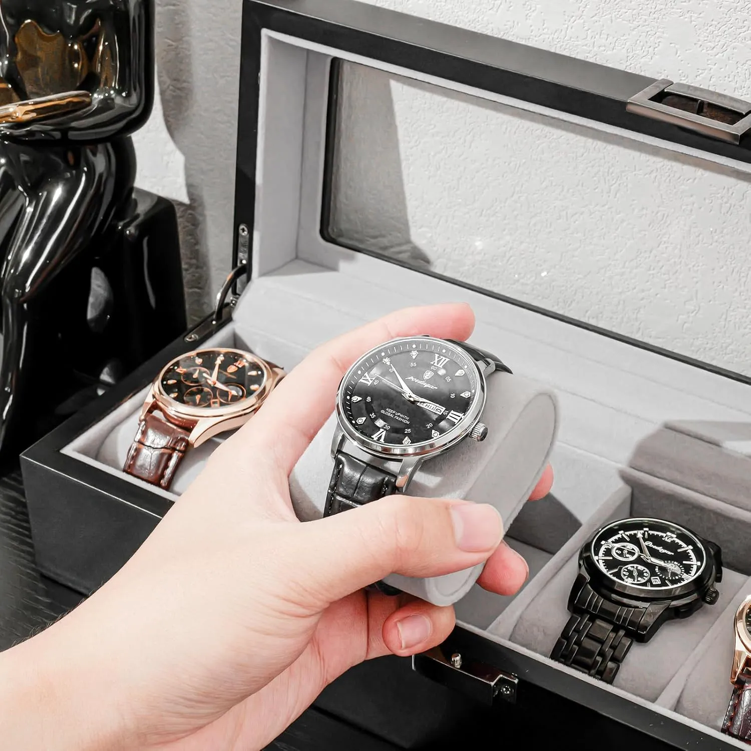 ProCase Wooden Watch Box for Men, 6 Slot Watch Display Case Mens Watch Box Organizer, Wood Watch Case for Men Watch Storage, Father's Day Gift Watch Holder Organizer with Glass Lid -MatteBlack