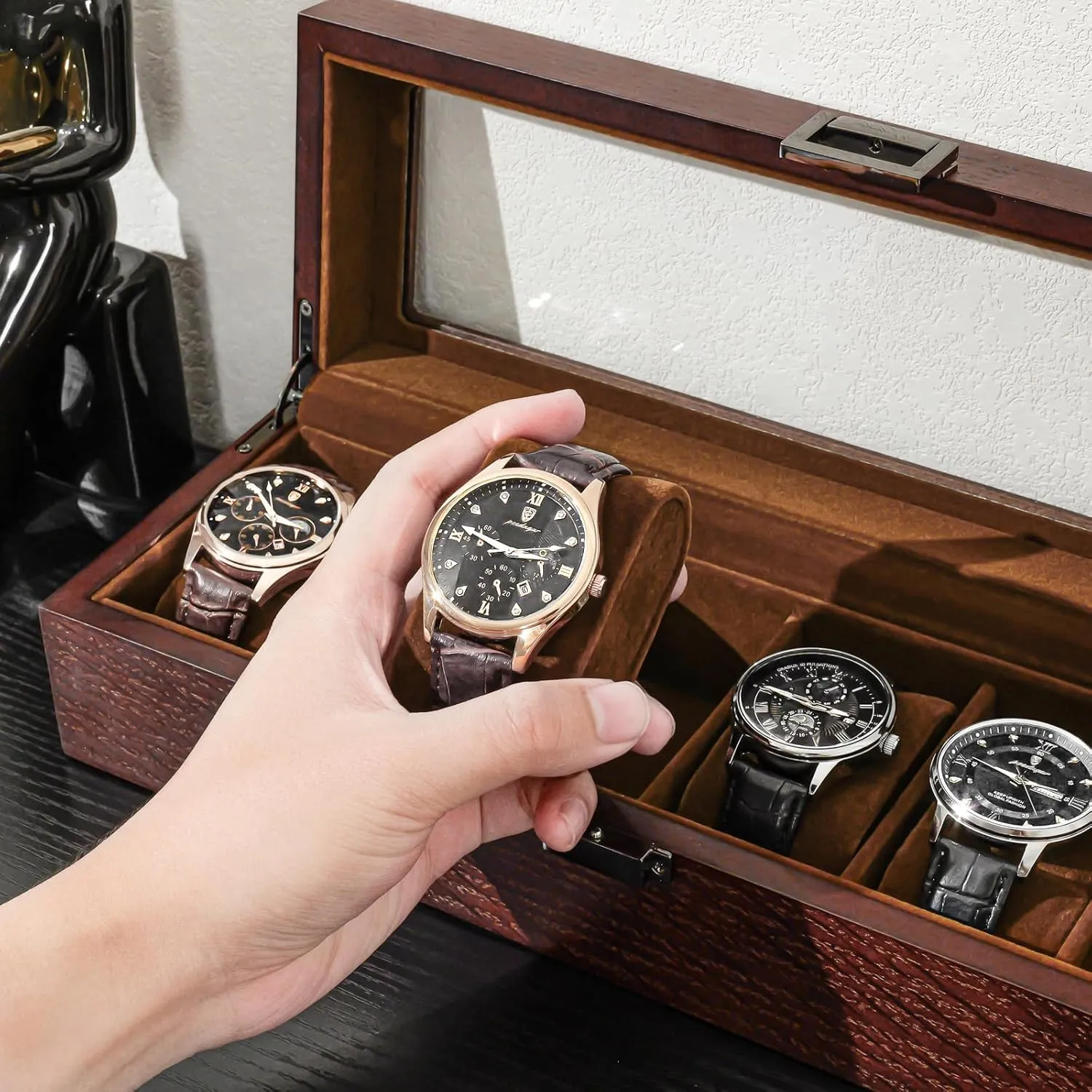 ProCase Wooden Watch Box for Men, 6 Slot Watch Display Case Mens Watch Box Organizer, Wood Watch Case for Men Watch Storage, Watch Holder Organizer with Glass Lid -6 Slot, Espresso