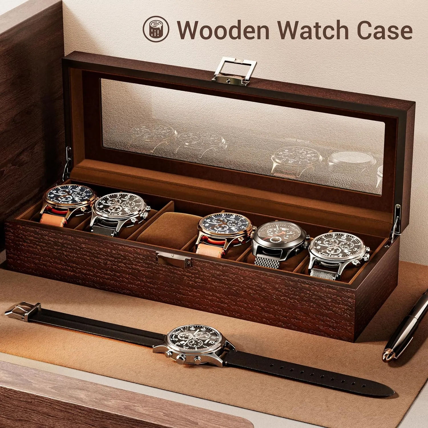 ProCase Wooden Watch Box for Men, 6 Slot Watch Display Case Mens Watch Box Organizer, Wood Watch Case for Men Watch Storage, Watch Holder Organizer with Glass Lid -6 Slot, Espresso
