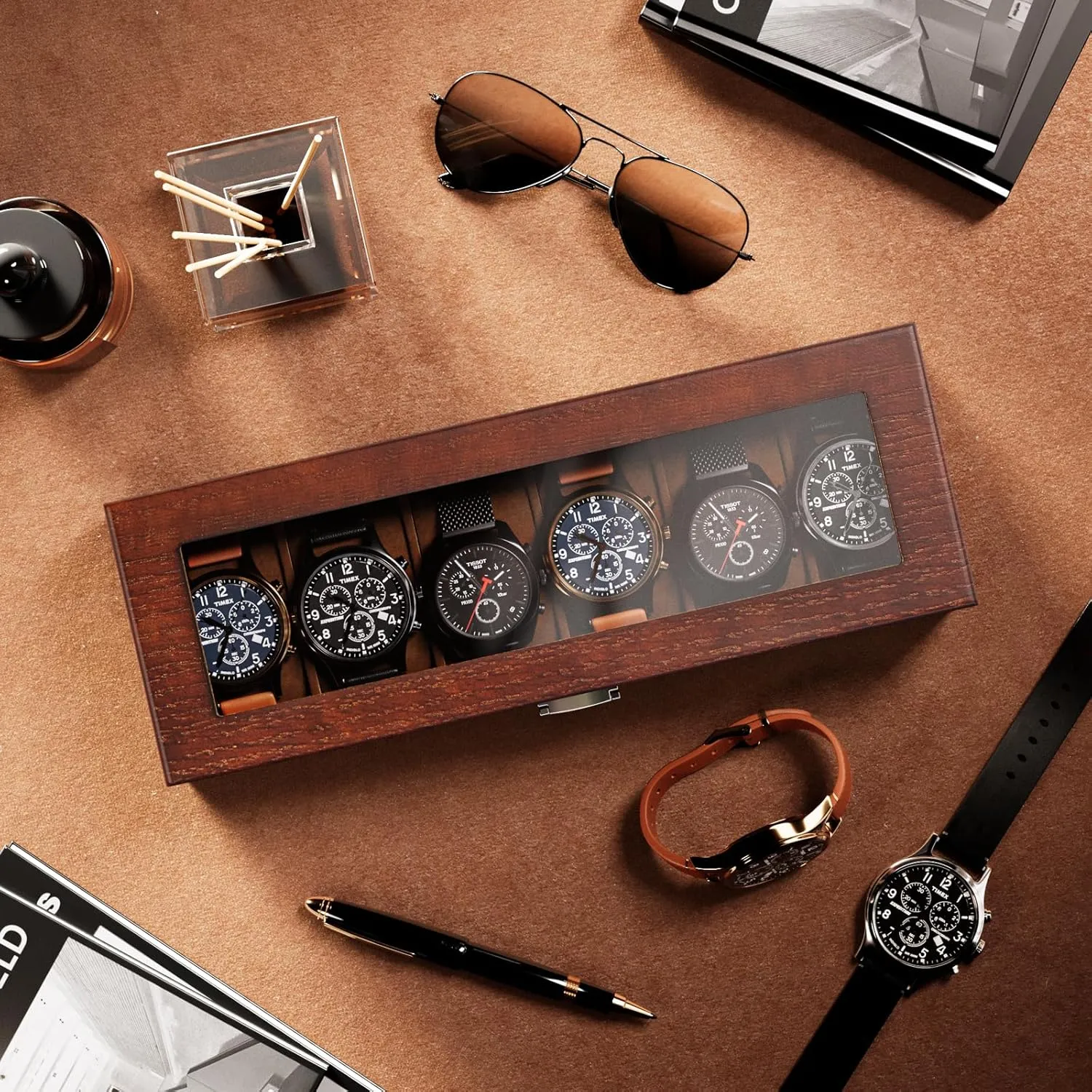 ProCase Wooden Watch Box for Men, 6 Slot Watch Display Case Mens Watch Box Organizer, Wood Watch Case for Men Watch Storage, Watch Holder Organizer with Glass Lid -6 Slot, Espresso