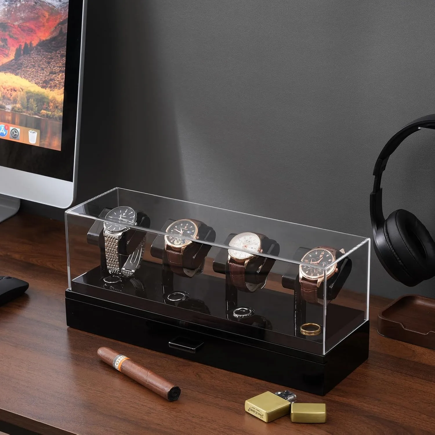 ProCase Wooden Watch Display Case, 4 Slot Watch Display Stand with Removable Acrylic Cover, Watch Case with Drawer, 2-Layer Mens Watch Box, Ring and Watch Holder Organizer for Men -Black