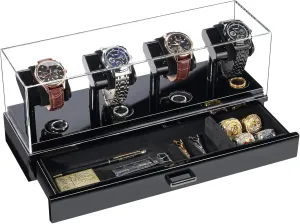 ProCase Wooden Watch Display Case, 4 Slot Watch Display Stand with Removable Acrylic Cover, Watch Case with Drawer, 2-Layer Mens Watch Box, Ring and Watch Holder Organizer for Men -Black