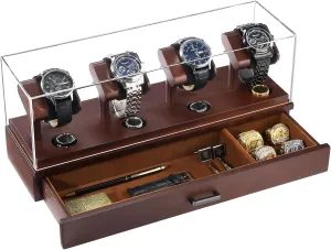 ProCase Wooden Watch Display Case, 4 Slot Watch Display Stand with Removable Acrylic Cover, Watch Case with Drawer, 2-Layer Mens Watch Box, Ring and Watch Holder Organizer for Men -Espresso