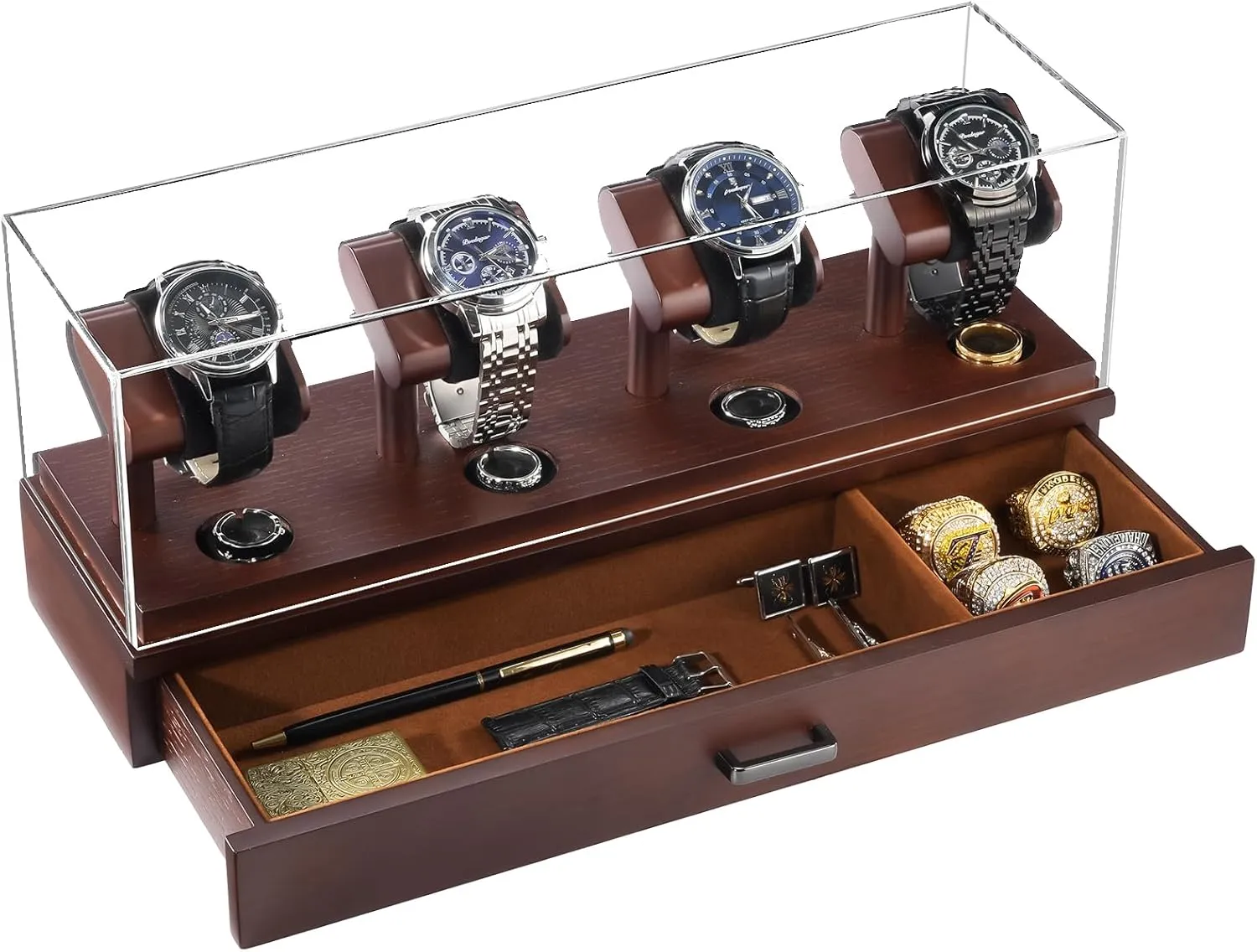 ProCase Wooden Watch Display Case, 4 Slot Watch Display Stand with Removable Acrylic Cover, Watch Case with Drawer, 2-Layer Mens Watch Box, Ring and Watch Holder Organizer for Men -Espresso