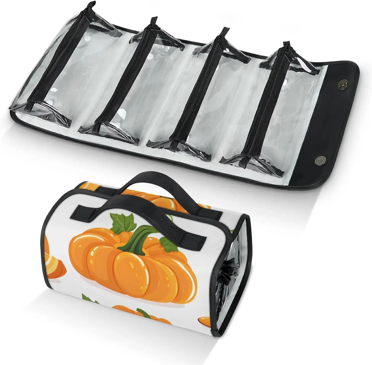 Pumpkin Travel Toiletry Bag for Women, 4 in 1 Roll Up Makeup Cosmetic Bag With 4 Removable PVC Zipper Pouch
