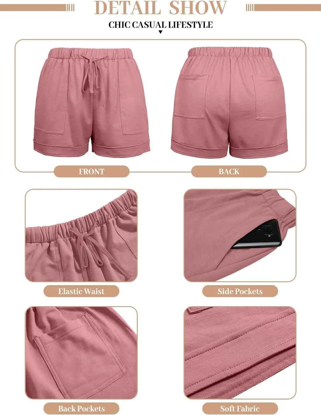 QUEEN PLUS Womens Casual Shorts Comfy Elastic Waist Drawstring Pocket Shorts Pants