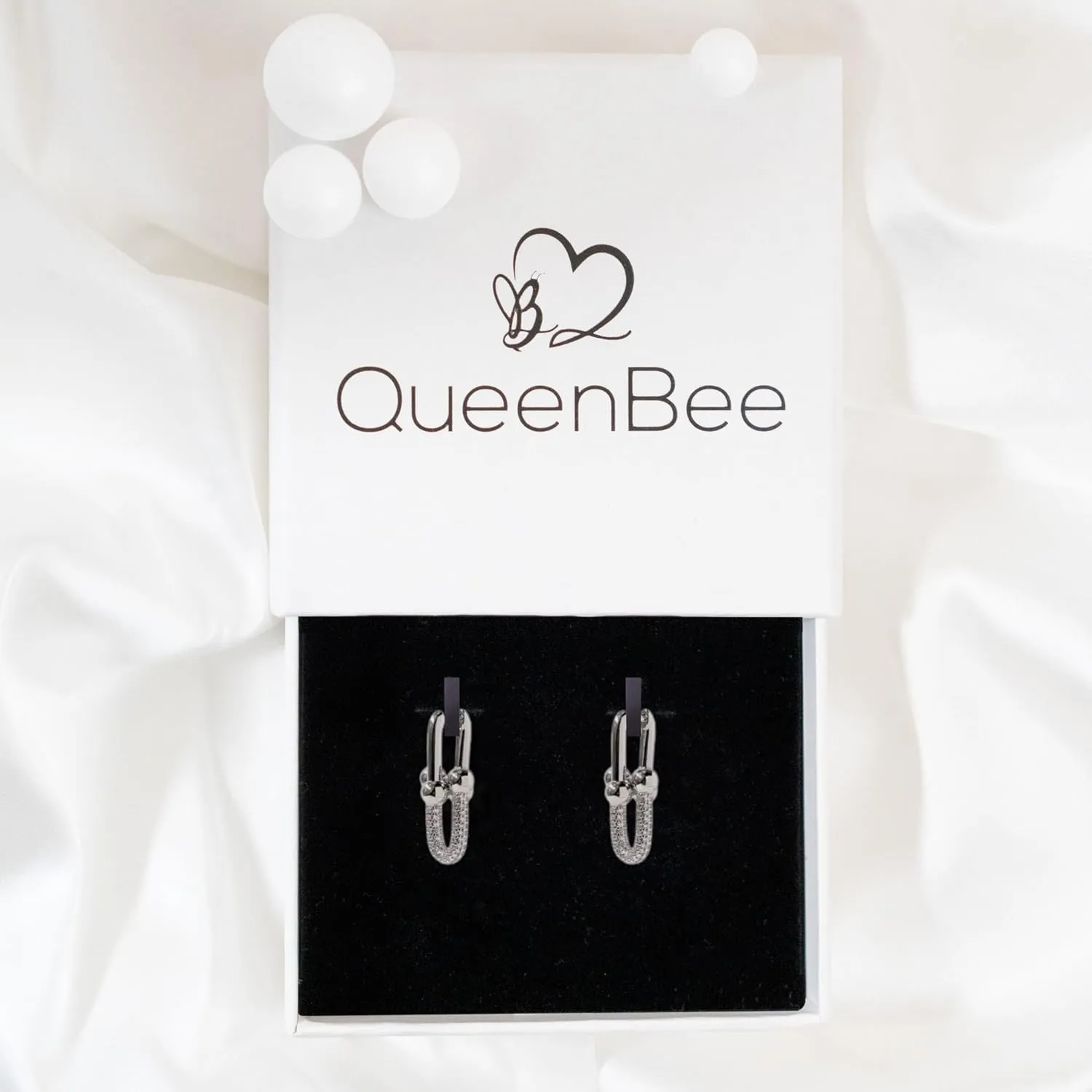 QueenBee Small 14K Gold & 925 Sterling Silver Paperclip Zirconia Hoop Earrings ?C Dainty Convertible Huggie with Removable Drop, Adjustable Retro Jewelry Gift for Holidays, Weddings, Birthdays & Bridesmaids