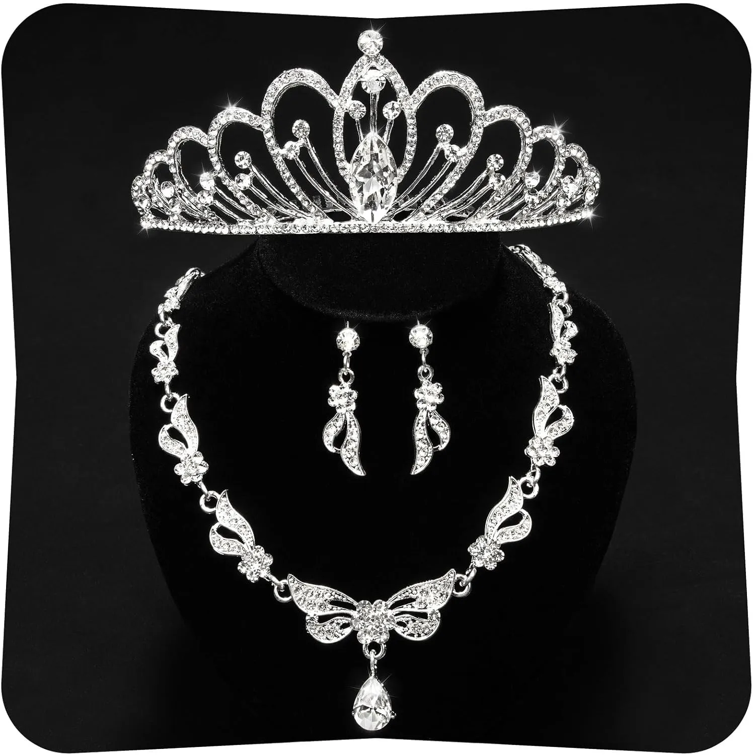 Quinceanera Crowns,Crystal CrownRhinestone Necklace Dangle Earrings Link Bracelet Set Queen Crowns for Bridal Wedding Prom, Birthday Party, Silver Jewelry Set for Women