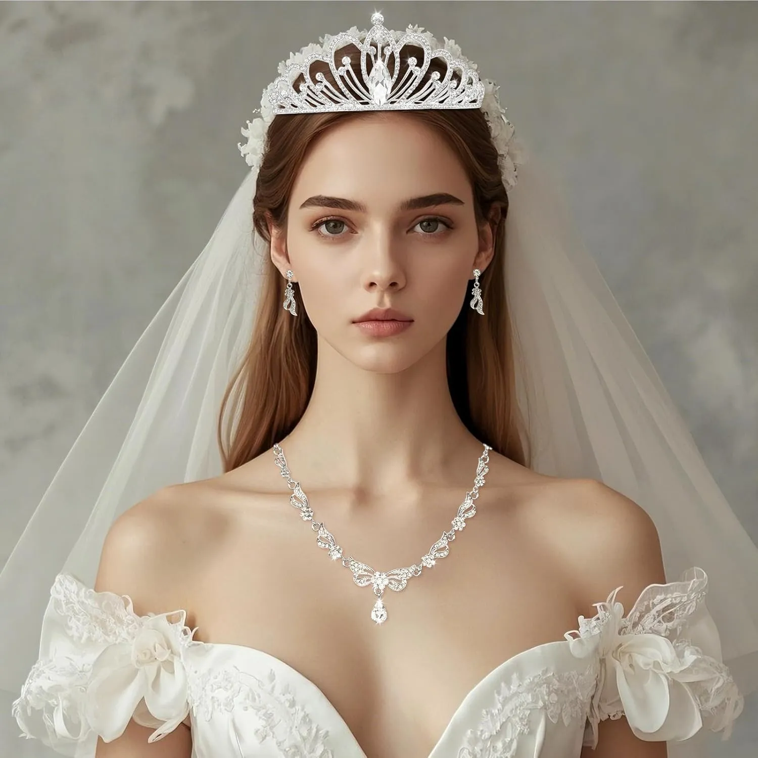 Quinceanera Crowns,Crystal CrownRhinestone Necklace Dangle Earrings Link Bracelet Set Queen Crowns for Bridal Wedding Prom, Birthday Party, Silver Jewelry Set for Women