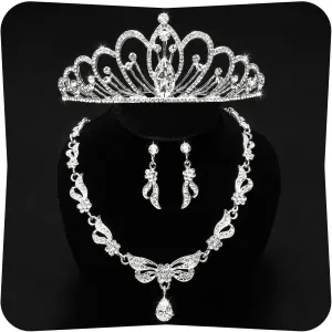 Quinceanera Crowns,Crystal CrownRhinestone Necklace Dangle Earrings Link Bracelet Set Queen Crowns for Bridal Wedding Prom, Birthday Party, Silver Jewelry Set for Women