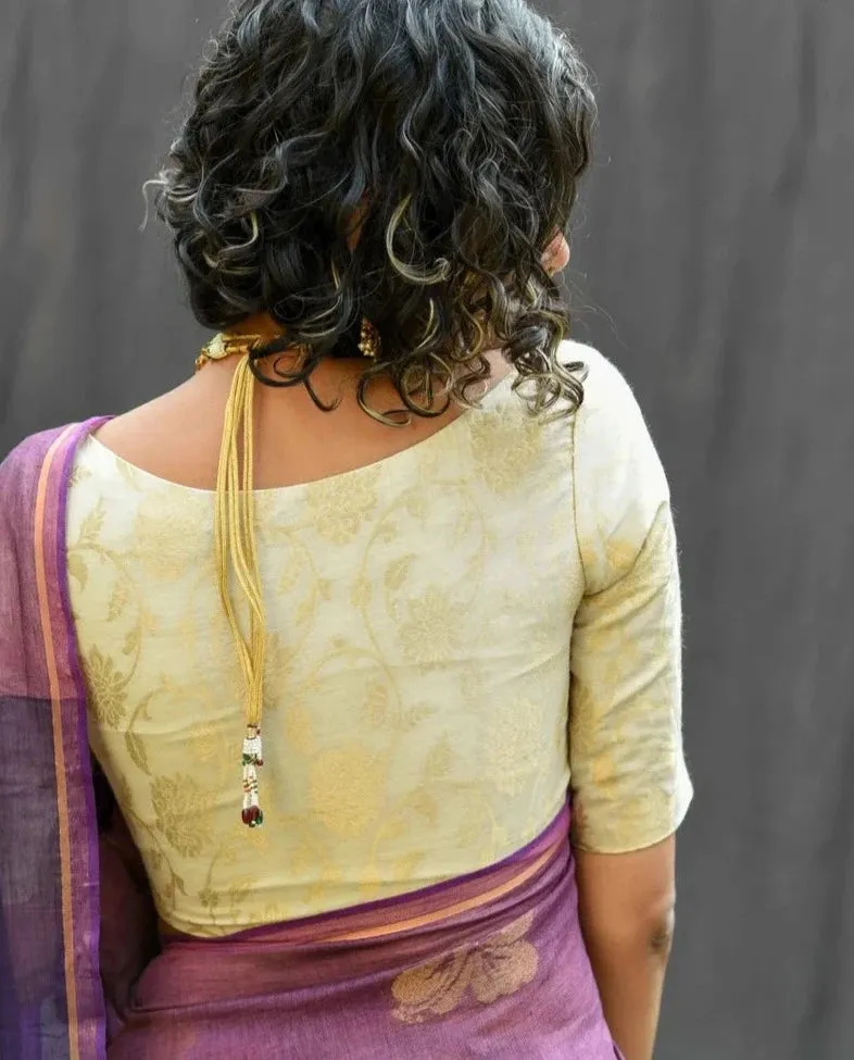 Readymade Off White Silk Elbow Sleeves Blouse With Floral Design