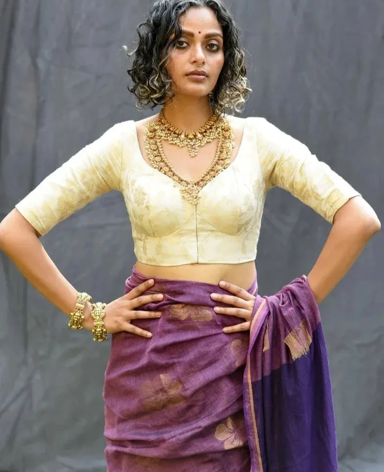 Readymade Off White Silk Elbow Sleeves Blouse With Floral Design