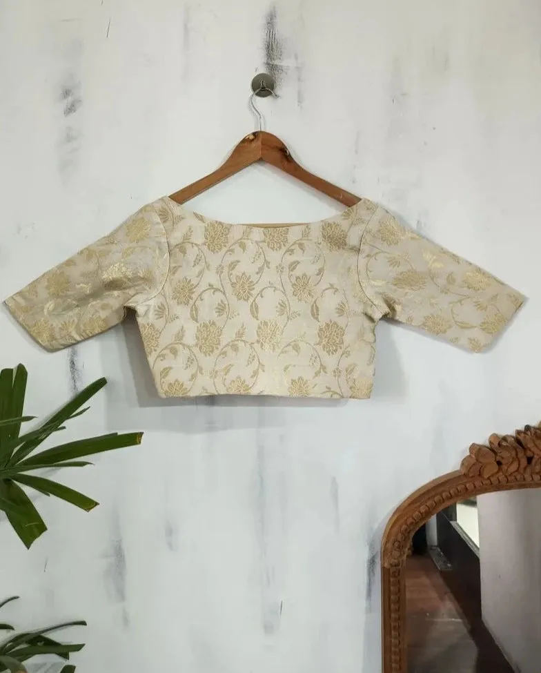 Readymade Off White Silk Elbow Sleeves Blouse With Floral Design