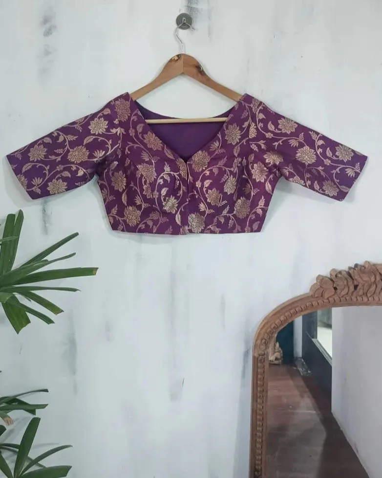 Readymade Purple Silk Elbow Sleeve Blouse With Floral Design