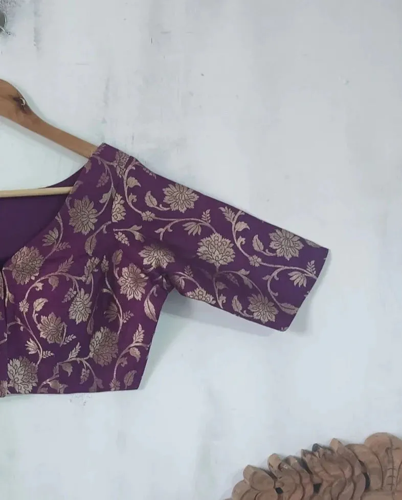 Readymade Purple Silk Elbow Sleeve Blouse With Floral Design