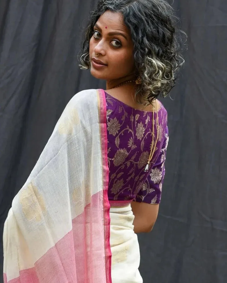 Readymade Purple Silk Elbow Sleeve Blouse With Floral Design