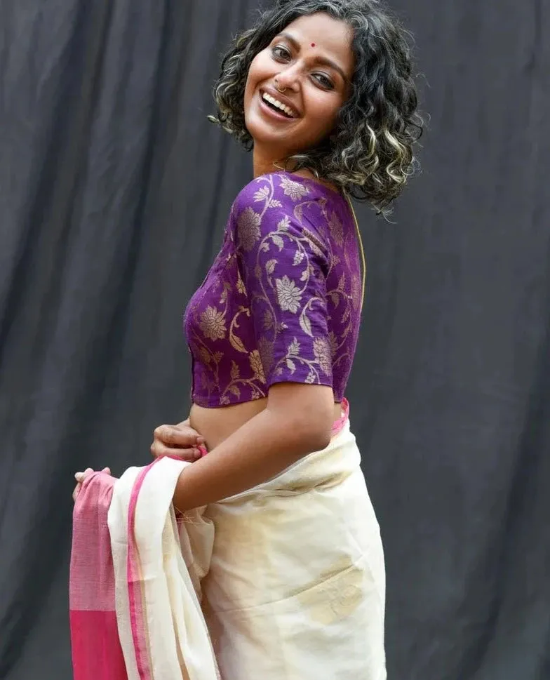 Readymade Purple Silk Elbow Sleeve Blouse With Floral Design