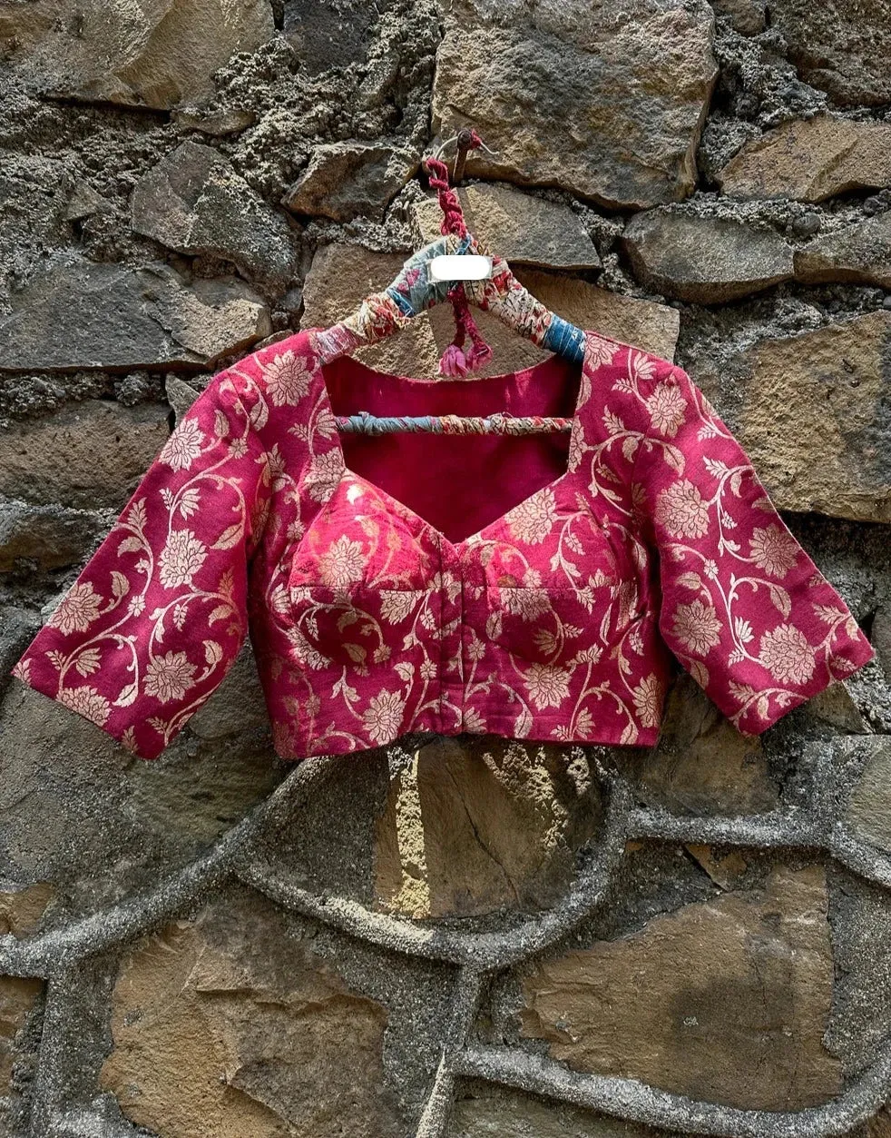 Readymade Soft Maroon Silk Elbow Sleeve Blouse With Floral Design