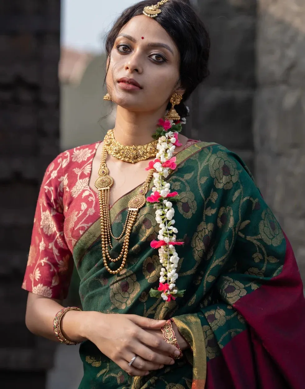 Readymade Soft Maroon Silk Elbow Sleeve Blouse With Floral Design