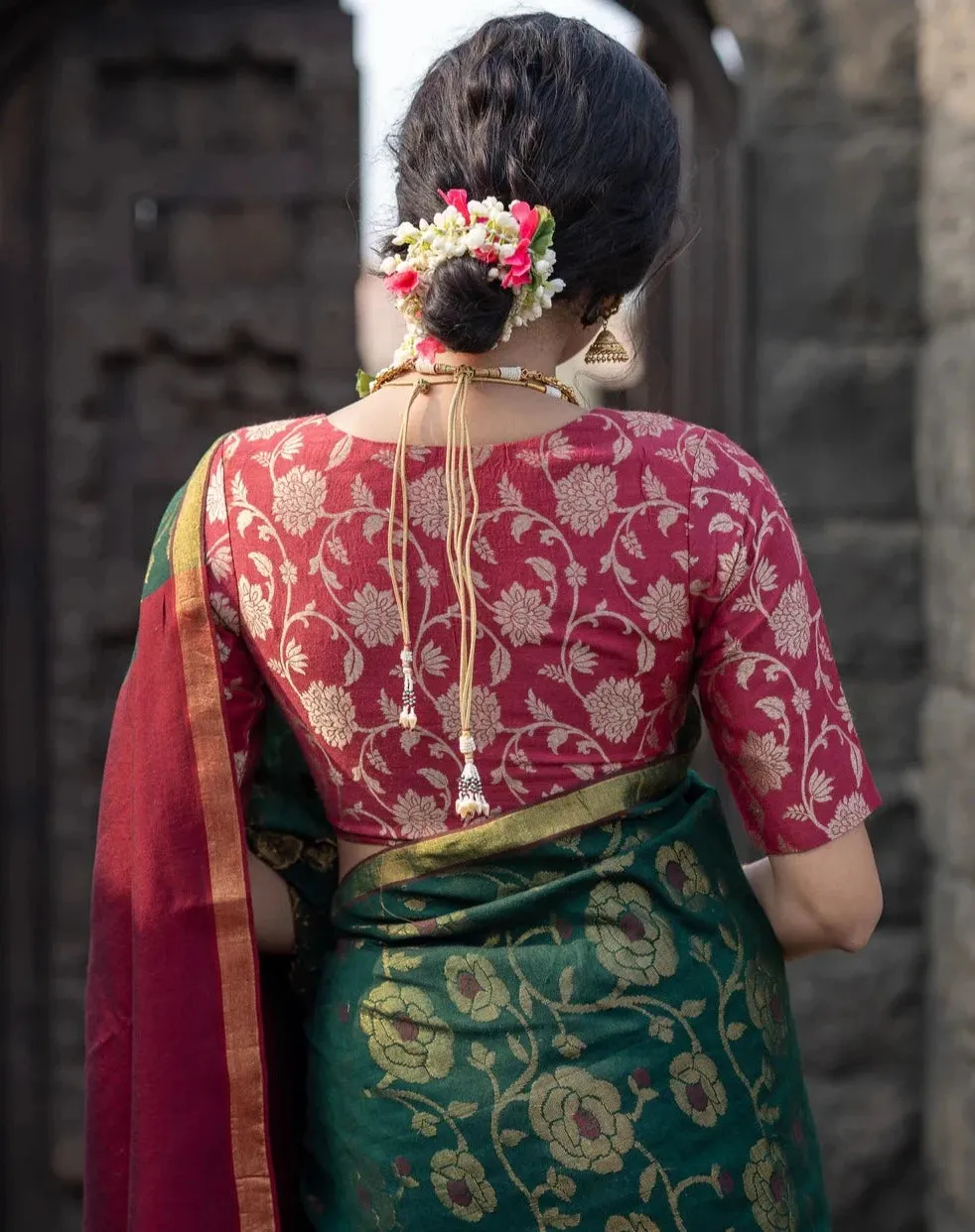 Readymade Soft Maroon Silk Elbow Sleeve Blouse With Floral Design