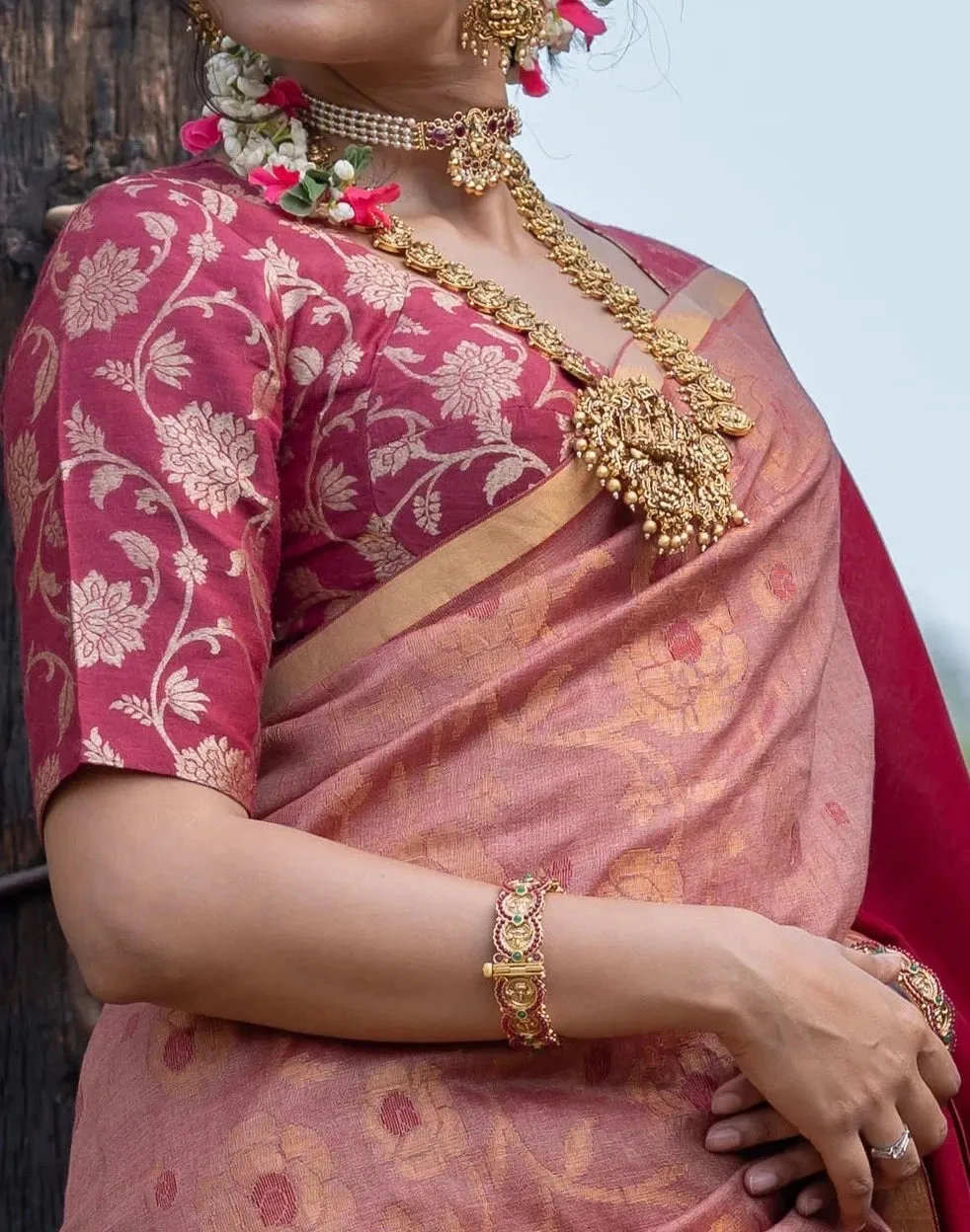 Readymade Soft Maroon Silk Elbow Sleeve Blouse With Floral Design