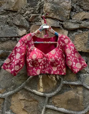 Readymade Soft Maroon Silk Elbow Sleeve Blouse With Floral Design