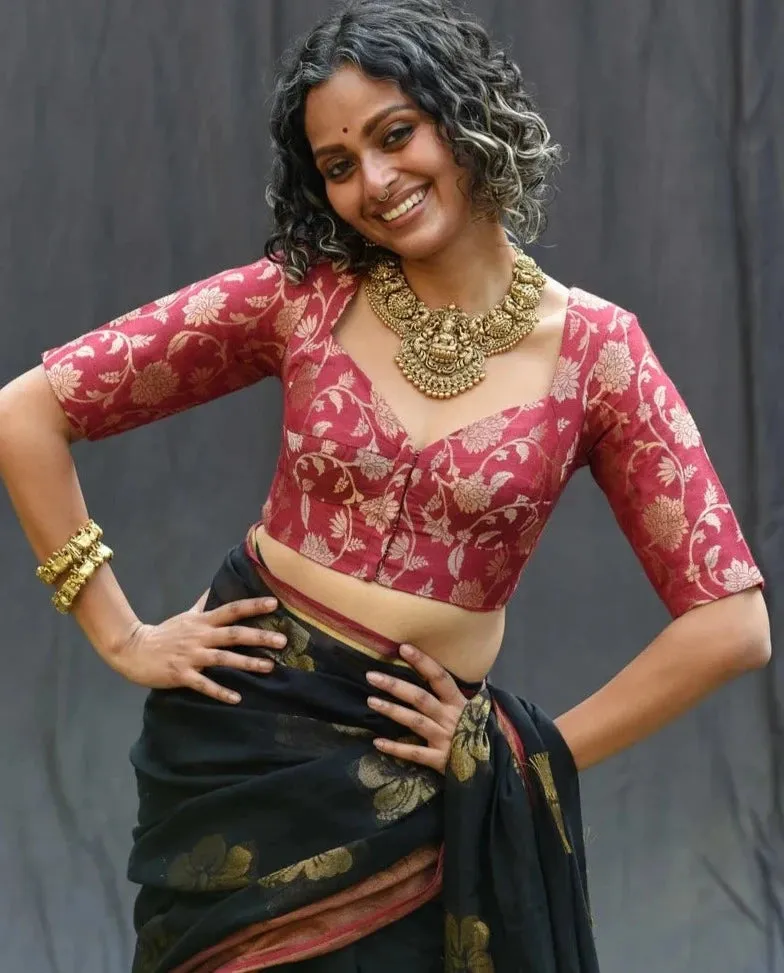 Readymade Soft Maroon Silk Elbow Sleeve Blouse With Floral Design