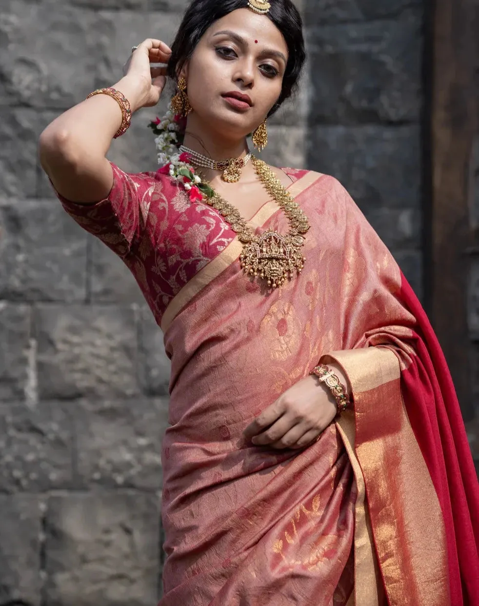 Readymade Soft Maroon Silk Elbow Sleeve Blouse With Floral Design