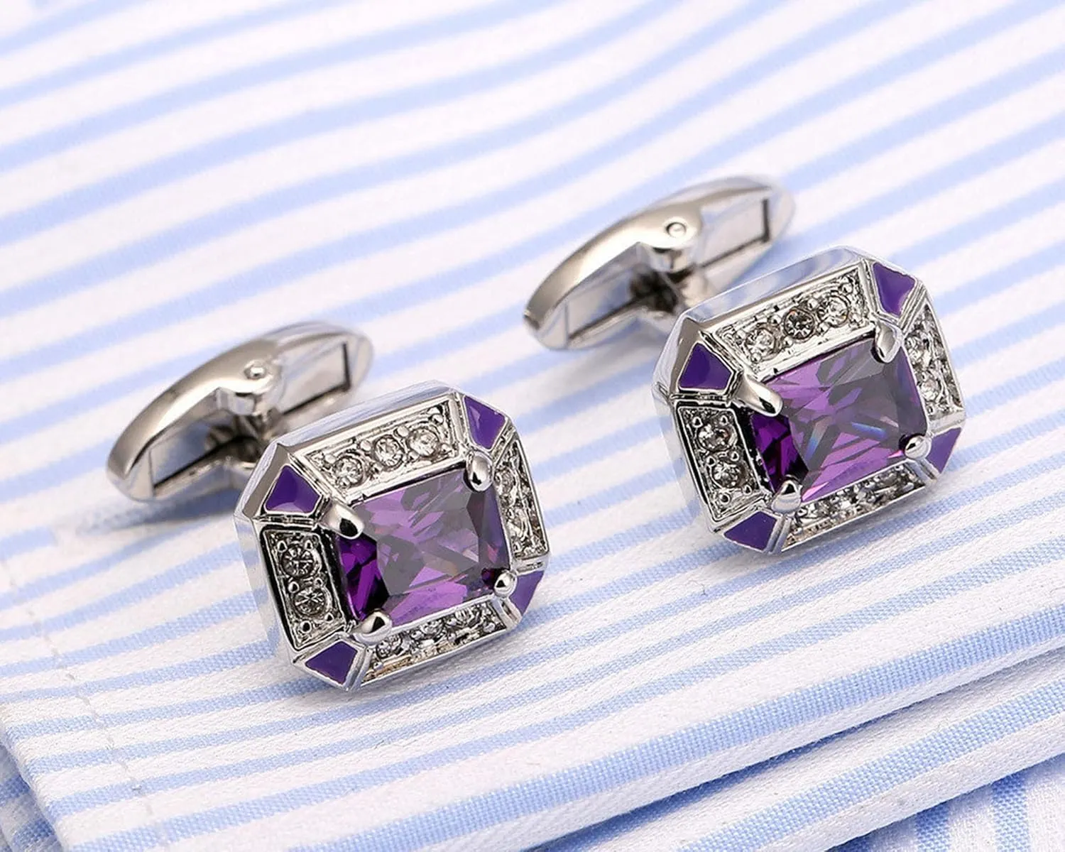 Rectangle Crystal Silver Tone Cufflinks for Men Purple/Blue/Transparent Crystals Men's Cuff Link Set for Wedding Shirt Party Business Birthday Anniversary Dress