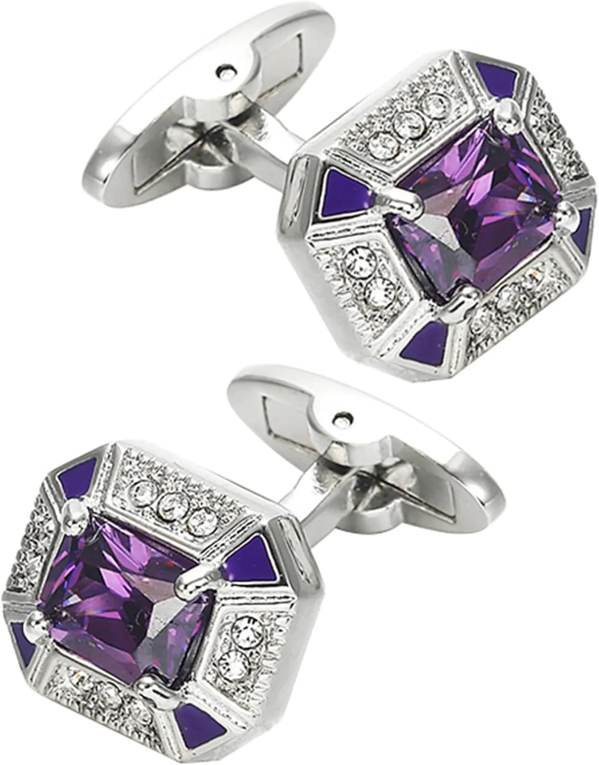 Rectangle Crystal Silver Tone Cufflinks for Men Purple/Blue/Transparent Crystals Men's Cuff Link Set for Wedding Shirt Party Business Birthday Anniversary Dress