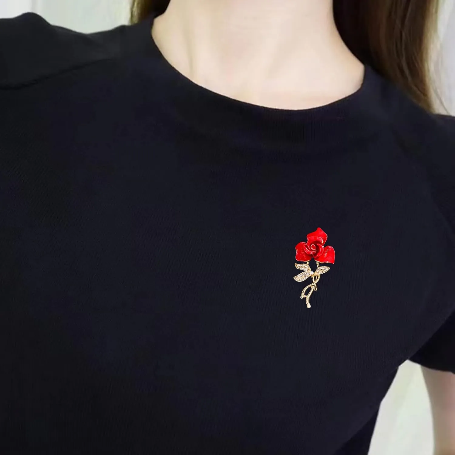 Red Rose Floral Brooch Pin Gold Plated Flower Decorative Garment Dress Jewelry for Women Cocktail Party Accessory Brooches Pin
