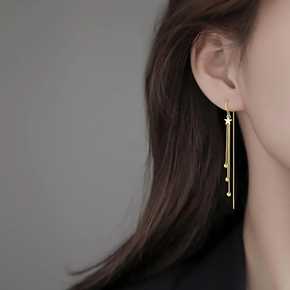Reffeer Solid 925 Sterling Silver Ball Bead Tassel Chain Dangle Earrings for Women Long Dangle Earrings Threader Drops