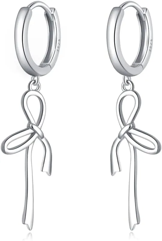 Reffeer Solid 925 Sterling Silver Bow Hoop Earrings Drops for Women Teens Bowknot Hoop Earrings Ribbon Huggie