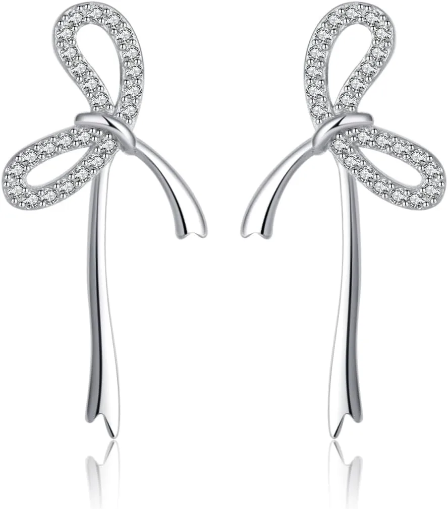 Reffeer Solid 925 Sterling Silver CZ Bow Stud Earrings for Women Teens Ribbon Stud Earrings Bowknot Drops