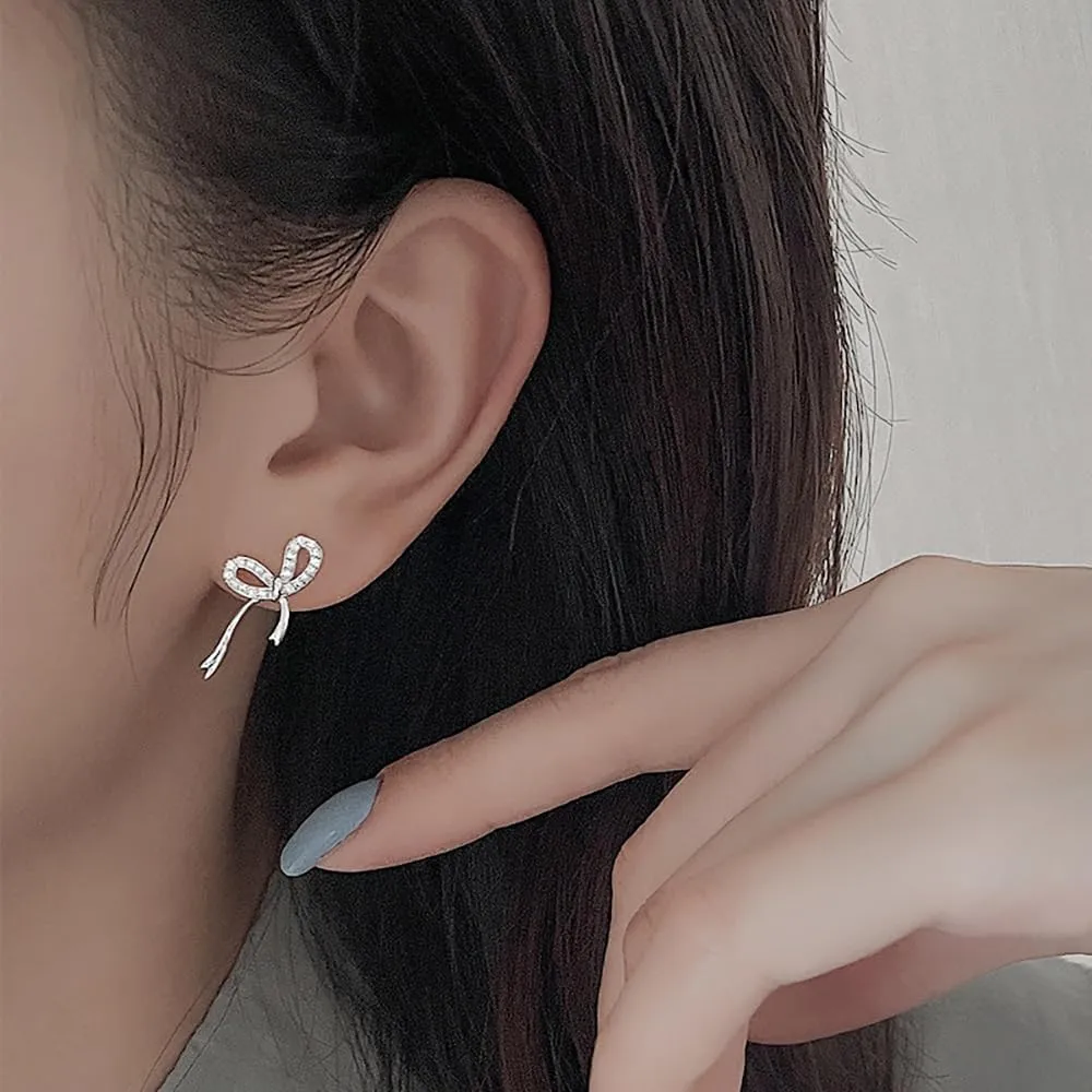 Reffeer Solid 925 Sterling Silver CZ Bow Stud Earrings for Women Teens Ribbon Stud Earrings Bowknot Drops