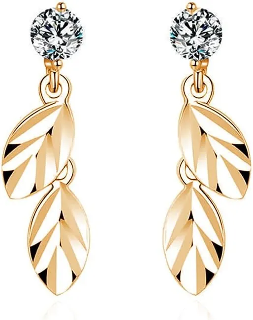 Reffeer Solid 925 Sterling Silver CZ Leaf Stud Earrings for Women Small Leaf Stud Earrings Drops (B-18K Gold)