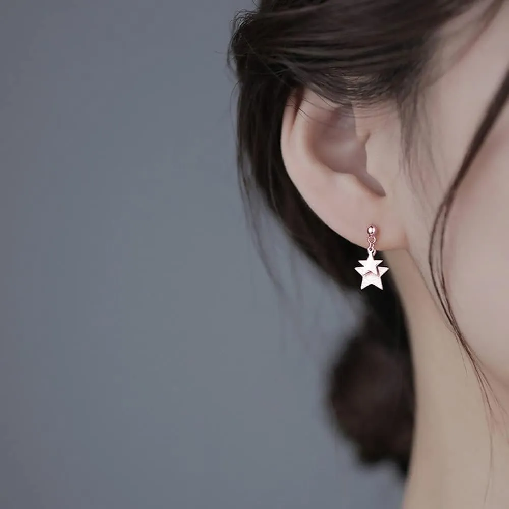 Reffeer Solid 925 Sterling Silver Double Star Stud Earrings for Women Teens Small Star Stud Earrings Drops