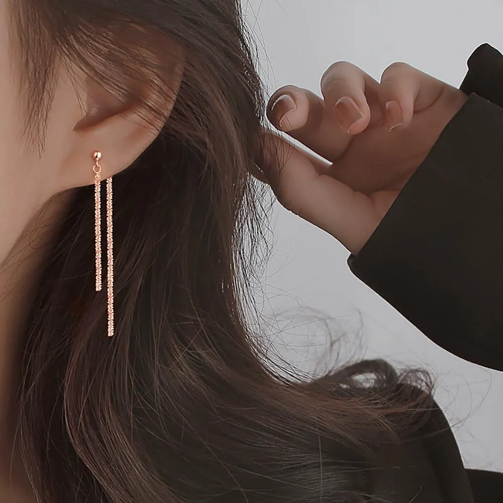 Reffeer Solid 925 Sterling Silver Tassel Chain Dangle Earrings for Women Teens Minimalist Dangle Earrings Drops