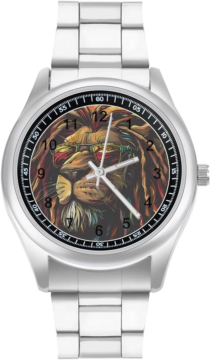 Reggae Rasta Lion Watches Stainless Steel Band Wristwatch Business Dress Watch for Work Home