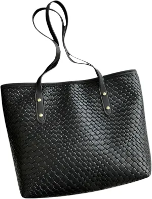 Retro Embossed Lattice Chain Tote Bag - Stylish One-Shoulder Crossbody for Women, PU & Polyester, Black