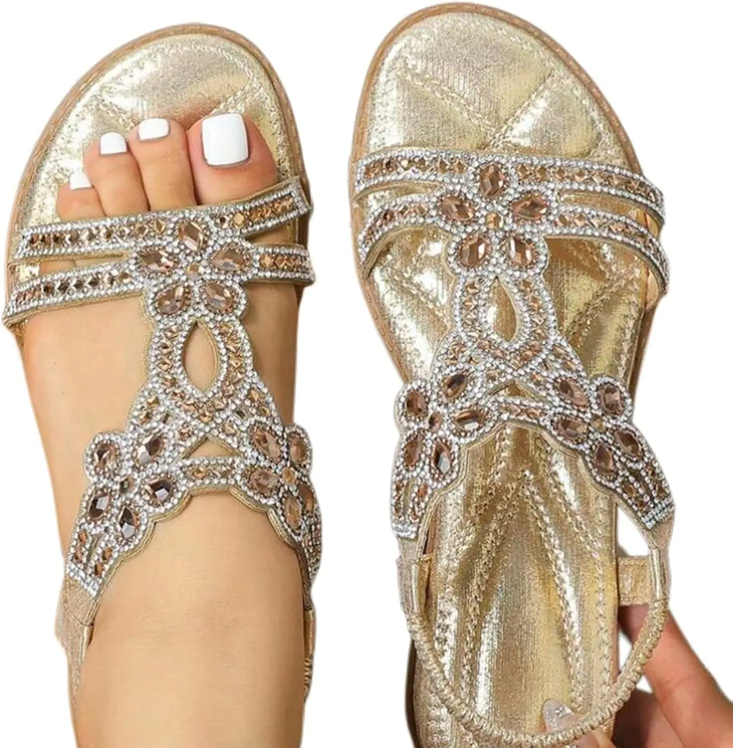 Rhinestone Sandals for Women T-Strap Bohemian Pearl Crystal Flat Sandals, Ankle Strap Comfort Walking Shoes Slip on Casual Summer Beach Dress Shoes