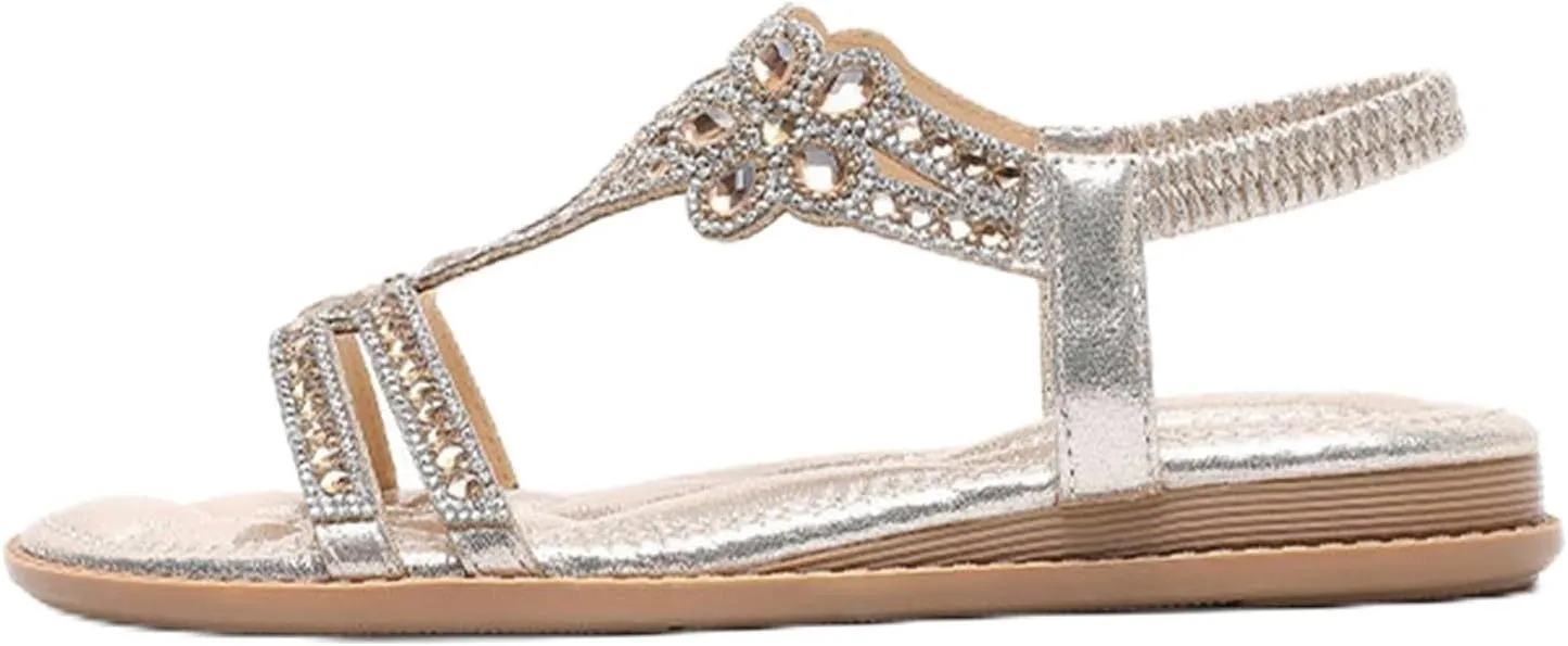 Rhinestone Sandals for Women T-Strap Bohemian Pearl Crystal Flat Sandals, Ankle Strap Comfort Walking Shoes Slip on Casual Summer Beach Dress Shoes