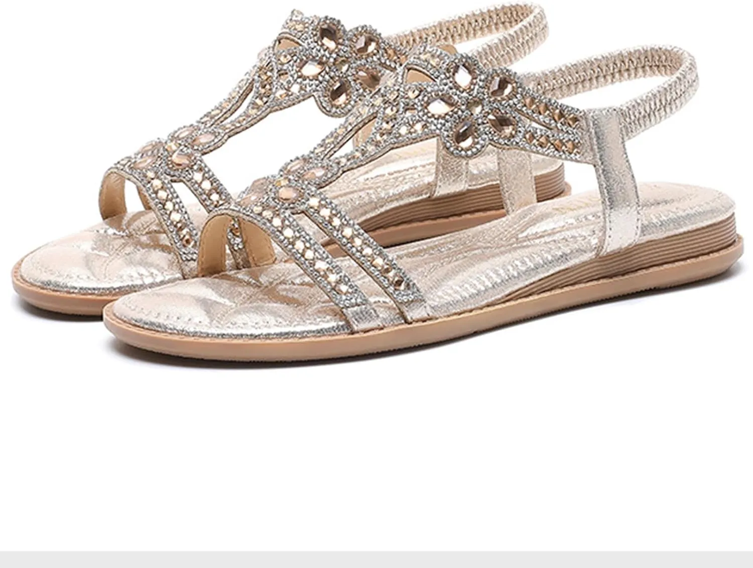 Rhinestone Sandals for Women T-Strap Bohemian Pearl Crystal Flat Sandals, Ankle Strap Comfort Walking Shoes Slip on Casual Summer Beach Dress Shoes
